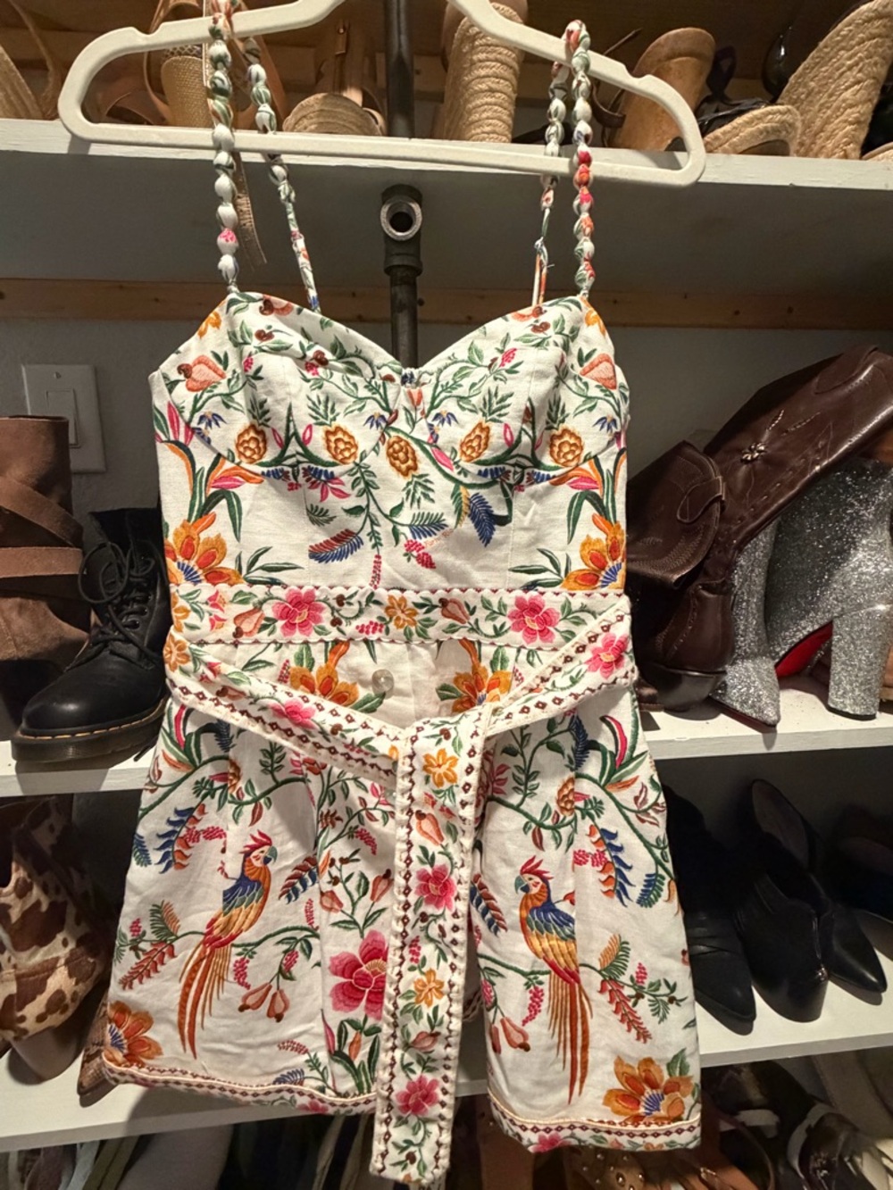 FARM Rio Delicate Forest White Linen Romper with Multicolor Floral & Parrot